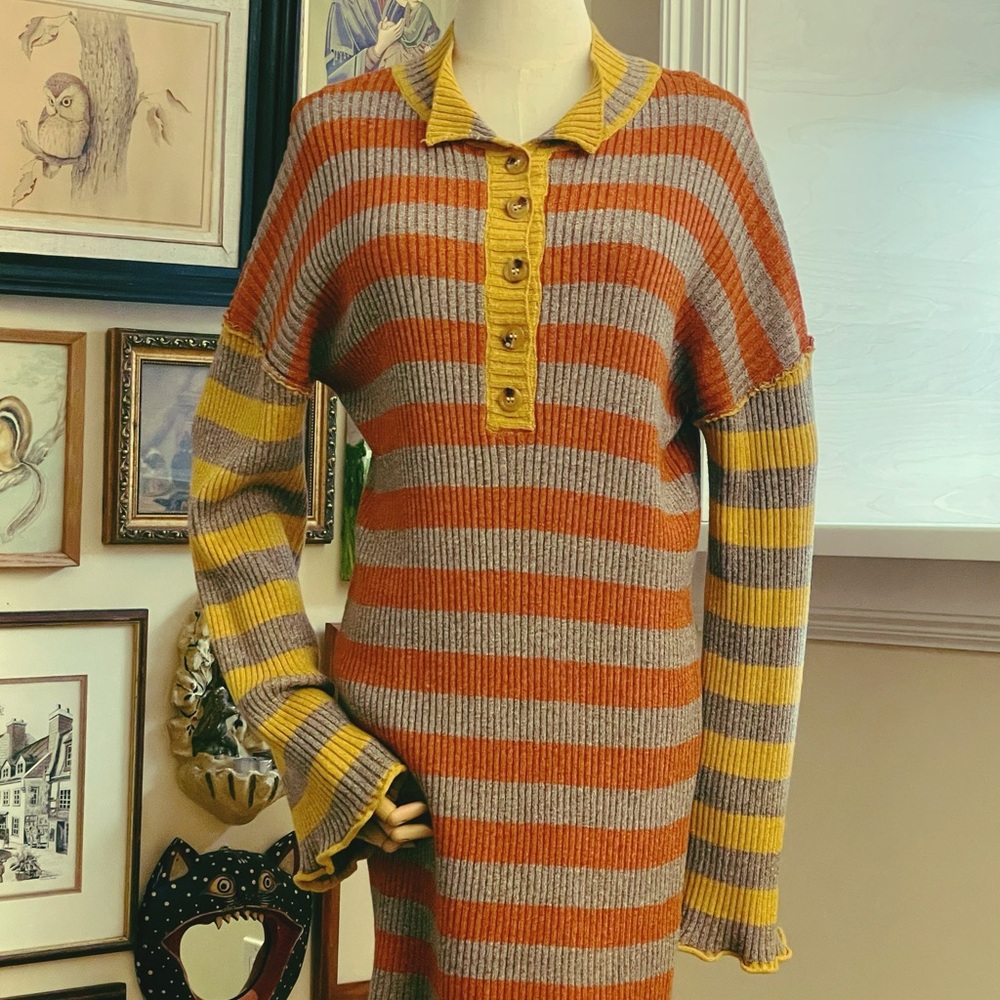 Striped Orange and Yellow Women's Sweater Dress